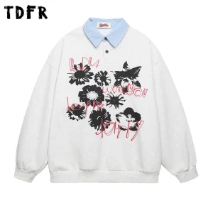 Flower Print Sweatshirts Mens Patchwork Autumn Retro Casual Lapel Loose Long Sleeve Sweatshirts Man